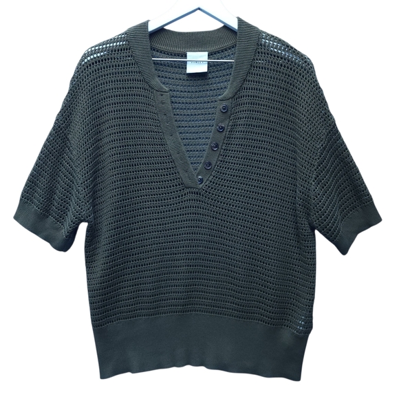 Varley Callie Sheer Knit Olive Green Short Sleeve Top - Picture 2 of 9